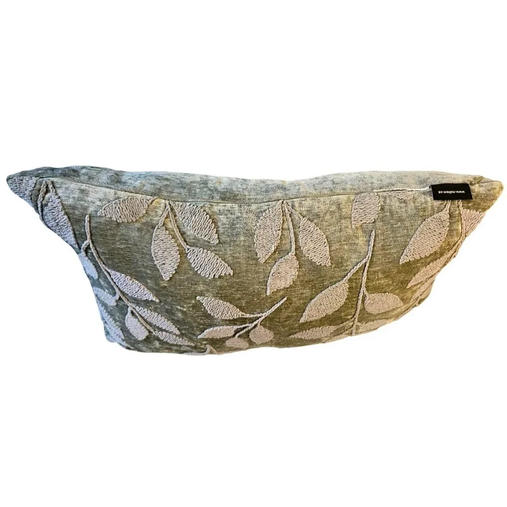 Vintage Velvet Throw Pillow MilliHome Olive Raised Leaf Embroidery 20